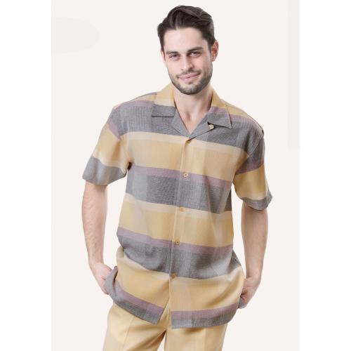 Montique Pastel Yellow / Lavender / Grey Multi Patterned Horizontal / Sectional Design Short Sleeve Outfit 675
